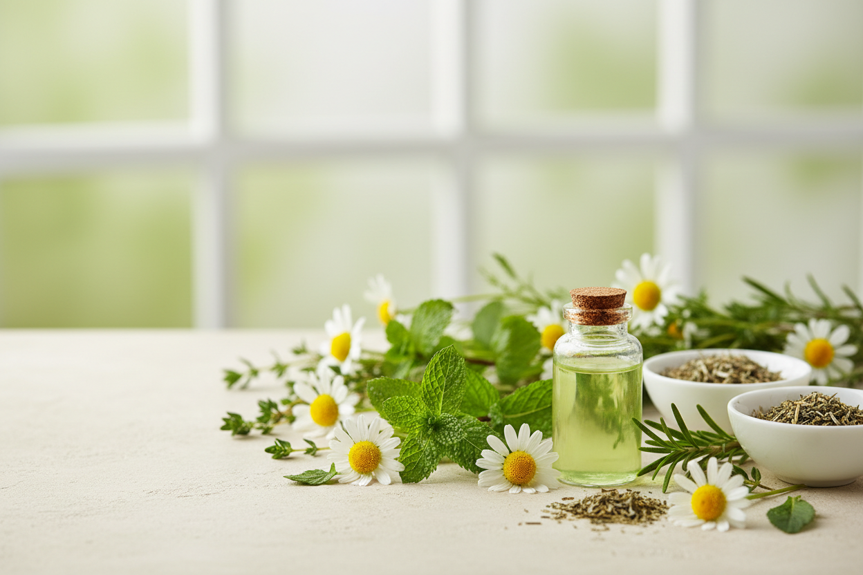 Create a clean, minimalist, premium herbal wellness hero image with soft greens, natural herbs, airy composition, and space for text — suitable for an international digestive wellness brand.