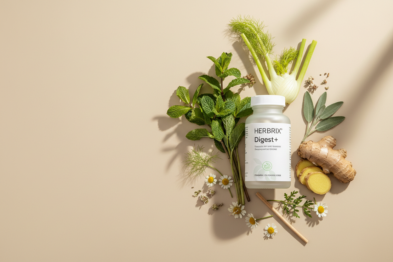 Create a clean, minimalist, premium herbal wellness hero image with soft greens, natural herbs, airy composition, and space for text — suitable for an international digestive wellness brand bottle of brand name "Herbrix" Product Name "Digest+"